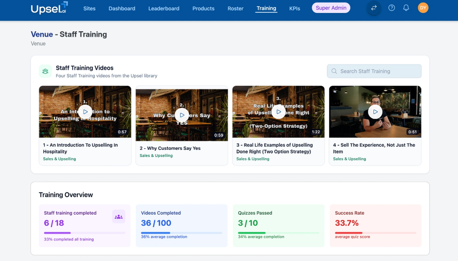 Upsel staff training videos and quiz progress